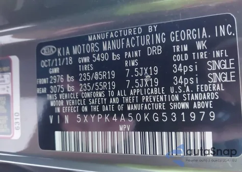 2019 Kia Sorento 3.3L Sx z USA, uszkodzony, nr VIN 5XYPK4A50KG531979